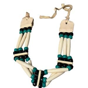 Native American Indian Style Buffalo Bone Choker Necklace Beaded Stone BlackTeal